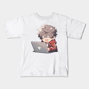 Cute Anime boy using laptop Kids T-Shirt